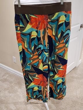 Soft Surroundings Linen Olive, Teal & Orange Tropical-Print Pants